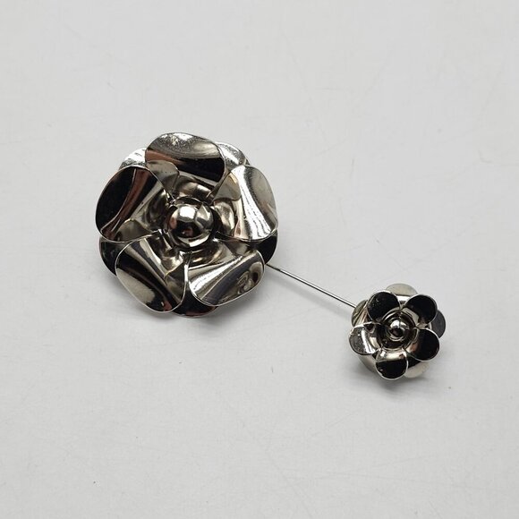 Silver Tone Floral Brooch Stick Pin With Dual Flower Design - Picture 2 of 4